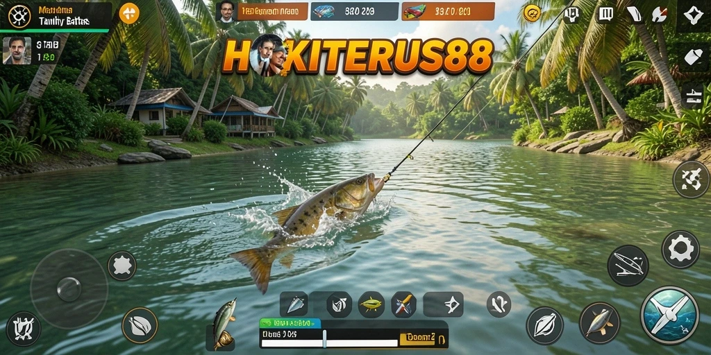 Tampilan gameplay <strong>HOKITERUS88</strong> yang memukau saat menangkap ikan di danau.