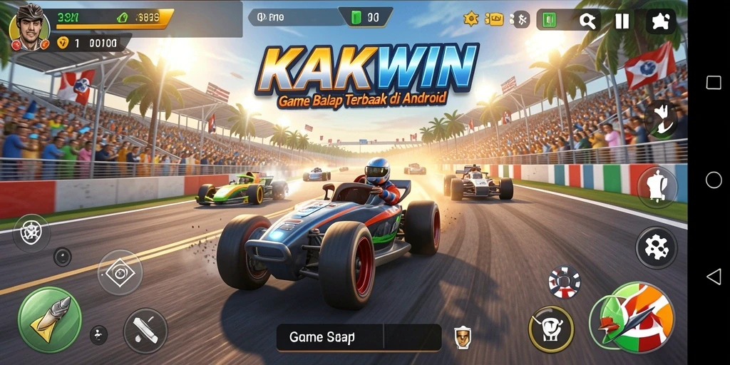 Screenshot gameplay KAKWIN menampilkan aksi balap yang mendebarkan di trek berliku.