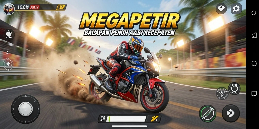 Tampilan gameplay seru MEGAPETIR saat balapan di lintasan yang menantang.