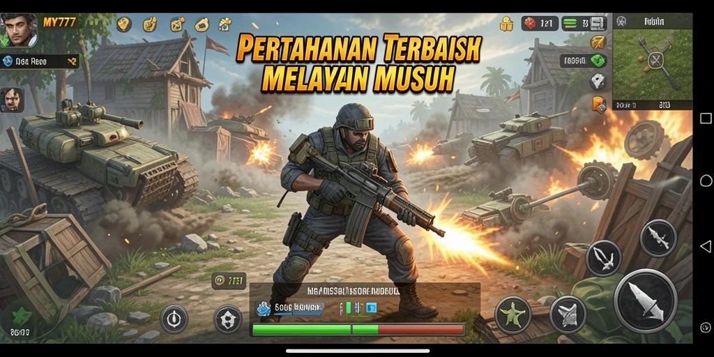 Screenshot gameplay MY777 menampilkan aksi menegangkan di battlefield Tower Defense.
