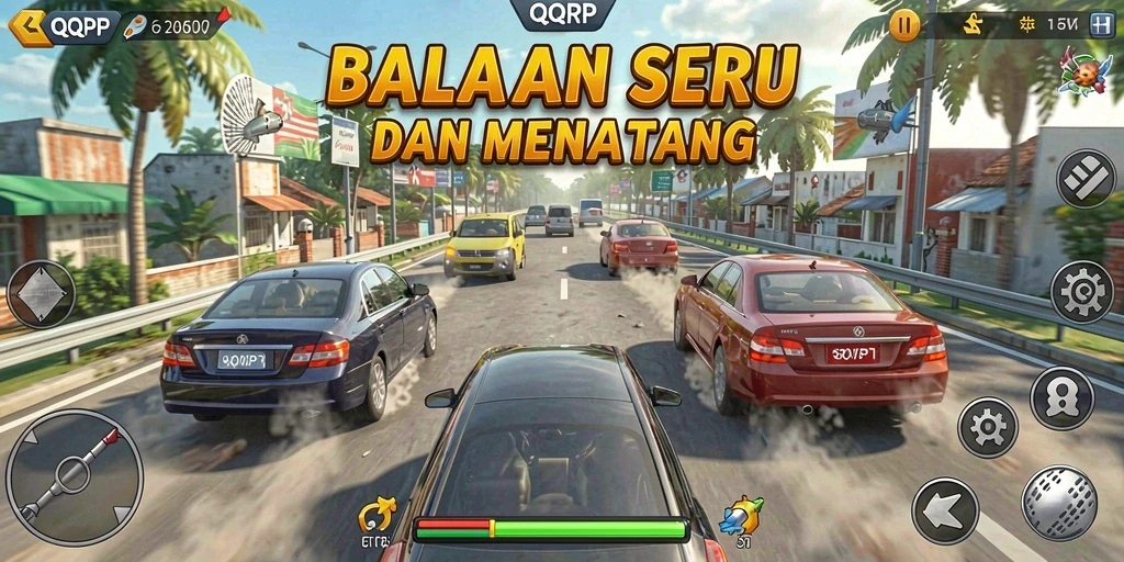 Gameplay QQRP menampilkan mobil balap cepat di lintasan yang menantang.