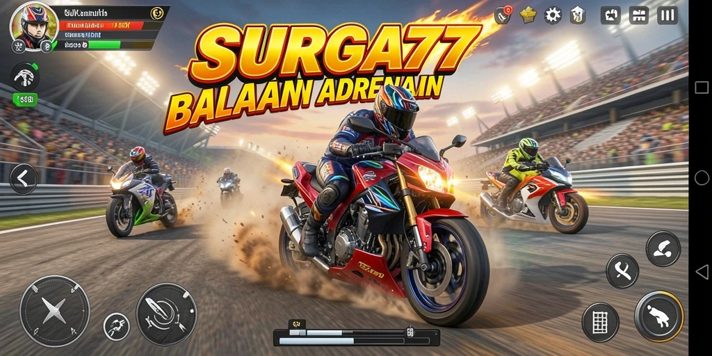 Tampilan gameplay SURGA77 yang seru dan mendebarkan saat balapan motor.